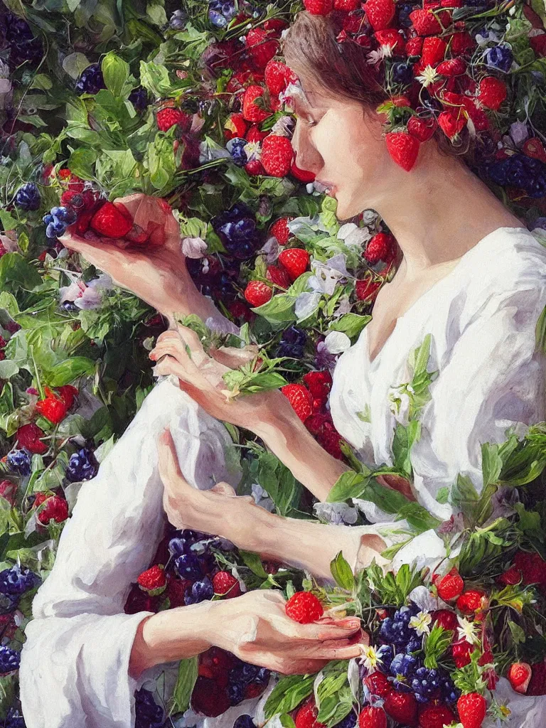 Prompt: “organic, portrait of a woman wearing white silk, neoexpressionist, eating luscious fresh raspberries and strawberries and blueberries, edible flowers”