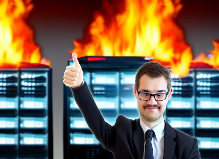 Image similar to A photo of a system administrator doing a thumb up to the camera in front on burning servers, servers in flames in the background, happy system administrator doing a thumb up, uncropped, full body