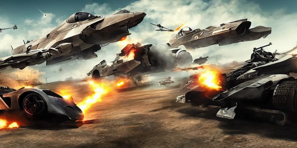 Image similar to battlefield : most wanted, futuristic war racing videogame cover