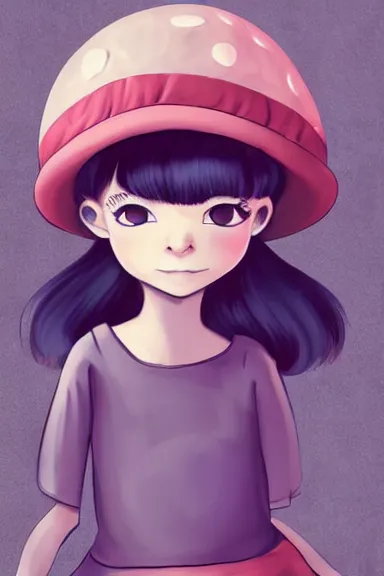 Image similar to a little girl wearing a mushroom hat in dress sitting | | purple curvy hair, pretty face, fine details, digial art by lois van baarle, anatomically correct, perfect composition, symmetrical, fantastic, clean details, anime character, extremely detailed