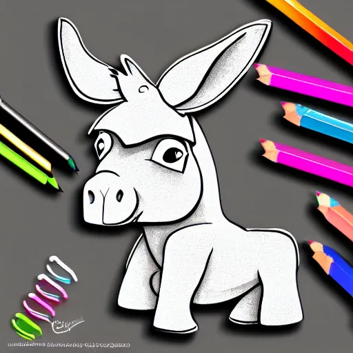 Prompt: cute cheerful donkey, colouring - in sheet, concept design, character art, sharp focus, highly detailed, artstation