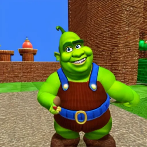 Prompt: shrek as a character in super mario 6 4