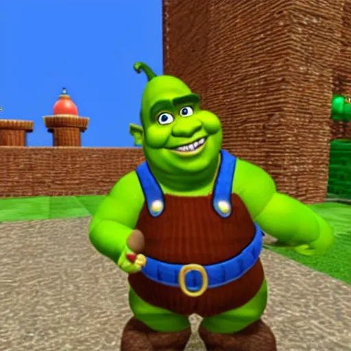 Image similar to shrek as a character in super mario 6 4