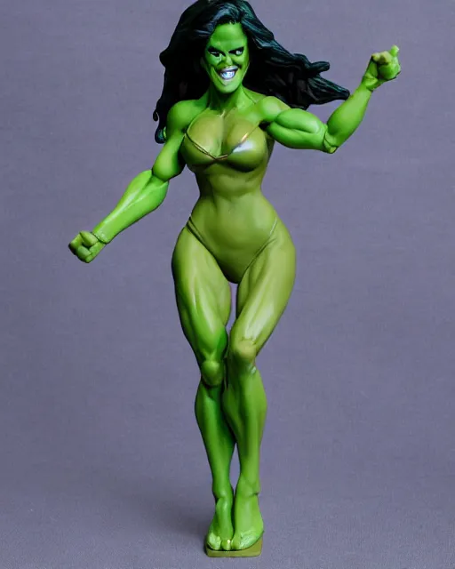 Image similar to maquette sculpture of the gorgeous she hulk, she is wearing a purple one piece swimsuit, she is tall, very fit and extremely muscular, she has green skin all over her body, long black shiny hair, hyperreal, highly detailed, in the style of sideshow collectibles, soft focus, bokeh