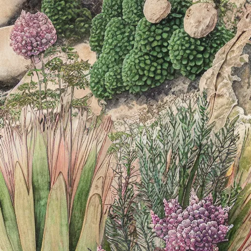 Image similar to delicate coastline mountain garden on paper, stony, puffy, botanical herbarium, botanic watercolors, iridescent, 8 k wide angle, realistic shaded, fine details, artstation, italian, colonnade, oak tree, pinecone, pomegranade, hydrangea, vines, gardena architecture, pompeian