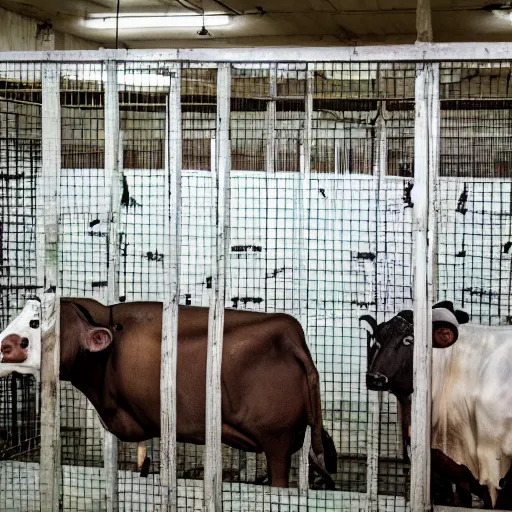 Prompt: inmates wearing cow heads inside a jailcell