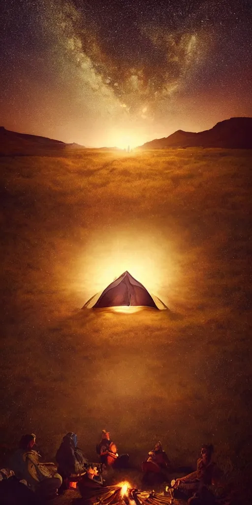 Prompt: symmetry!! they are tent camping by the campfire under a sky full of stars, surreal landscape, golden hour, very detailed, perfect composition, perfect lighting, 4 k, trending on artstation, greg rutkowski, derek zabrocki, artgerm, chuck close, ruan jia