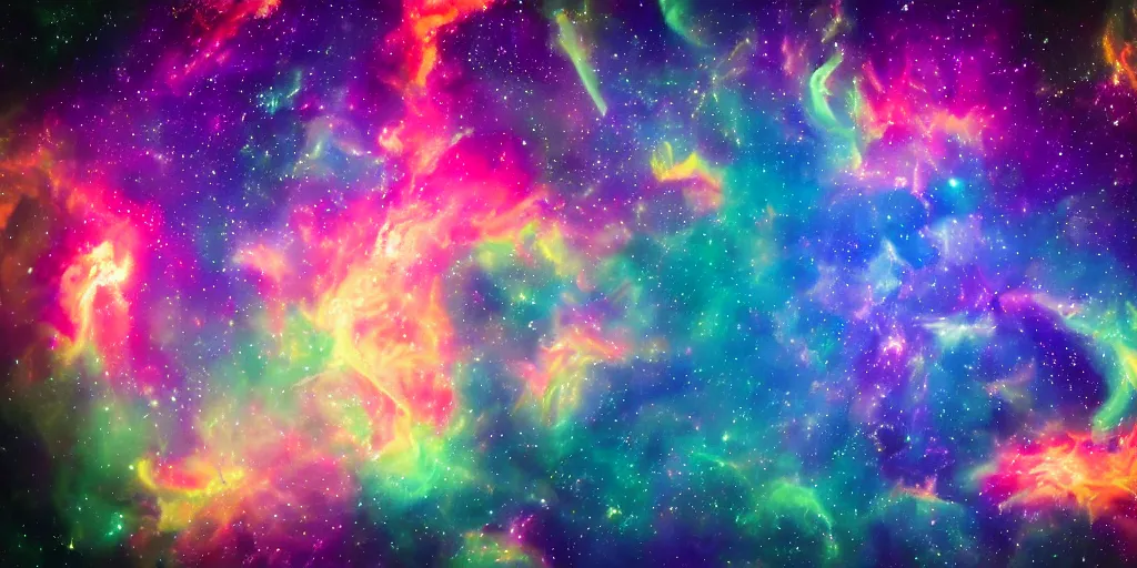 Prompt: psychadelic spirits flying around in space, among colorful vibrant nebulas, bright stars, misty clouds, extremely detailed, beautiful, masterpiece
