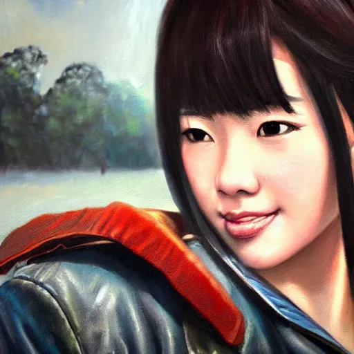 Prompt: perfect, realistic oil painting of close-up japanese young woman wearing leather jacket, in Fallout