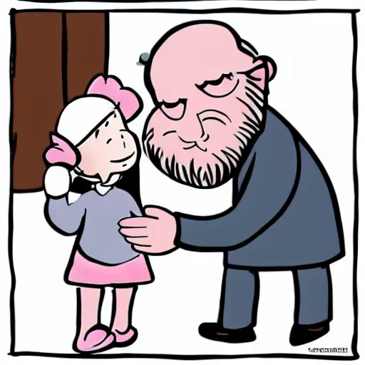 Prompt: cute cartoon character, beard grandpa taking a photo to a baby girl