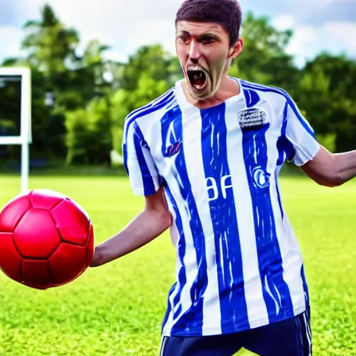 Image similar to man eating soccer ball hyper realistic