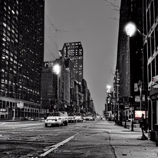 Image similar to color photograph, highly detailed abandoned New York city street at night after the war between humans and AIs, film grain, soft vignette, sigma 85mm f/1.4 1/10 sec shutter, film still promotional image, IMAX 70mm footage