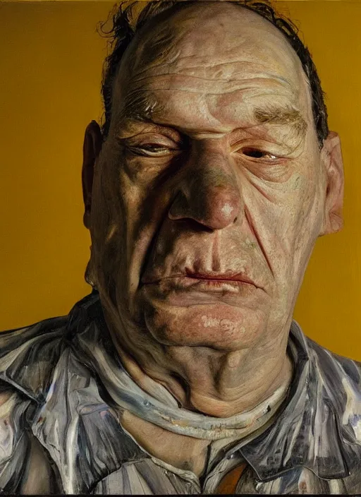 Image similar to Real life Homer Simpson, deceased, painted by Lucian Freud, highly detailed, 8k