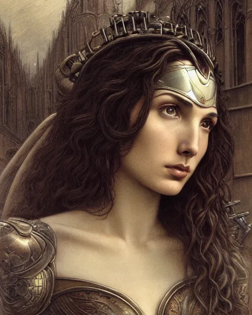 Prompt: matte painting portrait shot, beautiful gal gadot, steampunk, detailed and intricate by jean delville, gustave dore and marco mazzoni, art nouveau, symbolist, visionary, gothic, pre - raphaelite