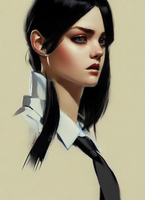 Image similar to ultradetailed beautiful panting of a stylish woman wearing a shirt with a tie, she has black hair, distressed, by ashley wood, ilya kuvshinov, greg rutkowski on artstation