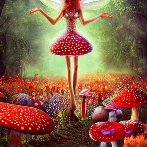 Prompt: a very cute faerie queen in a amanatia muscaria mushroom field, photorealistic digital art, hyper detailed