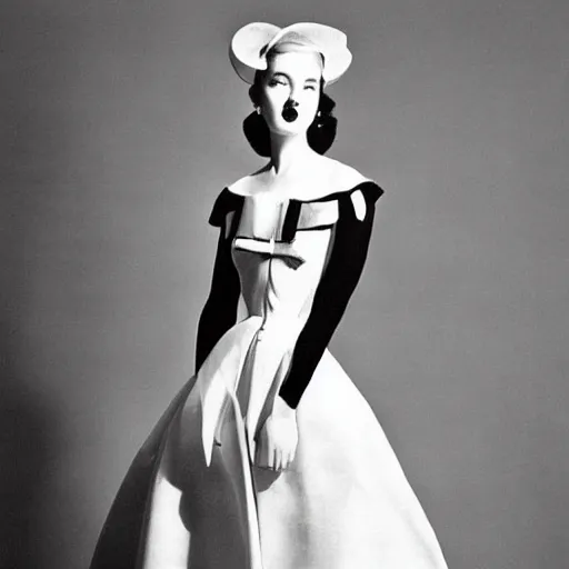 Prompt: Christian Dior dress, fitted on a model, beautiful, 1950s Dior catalogue, fashion photography, B&W, grainy, highly detailed
