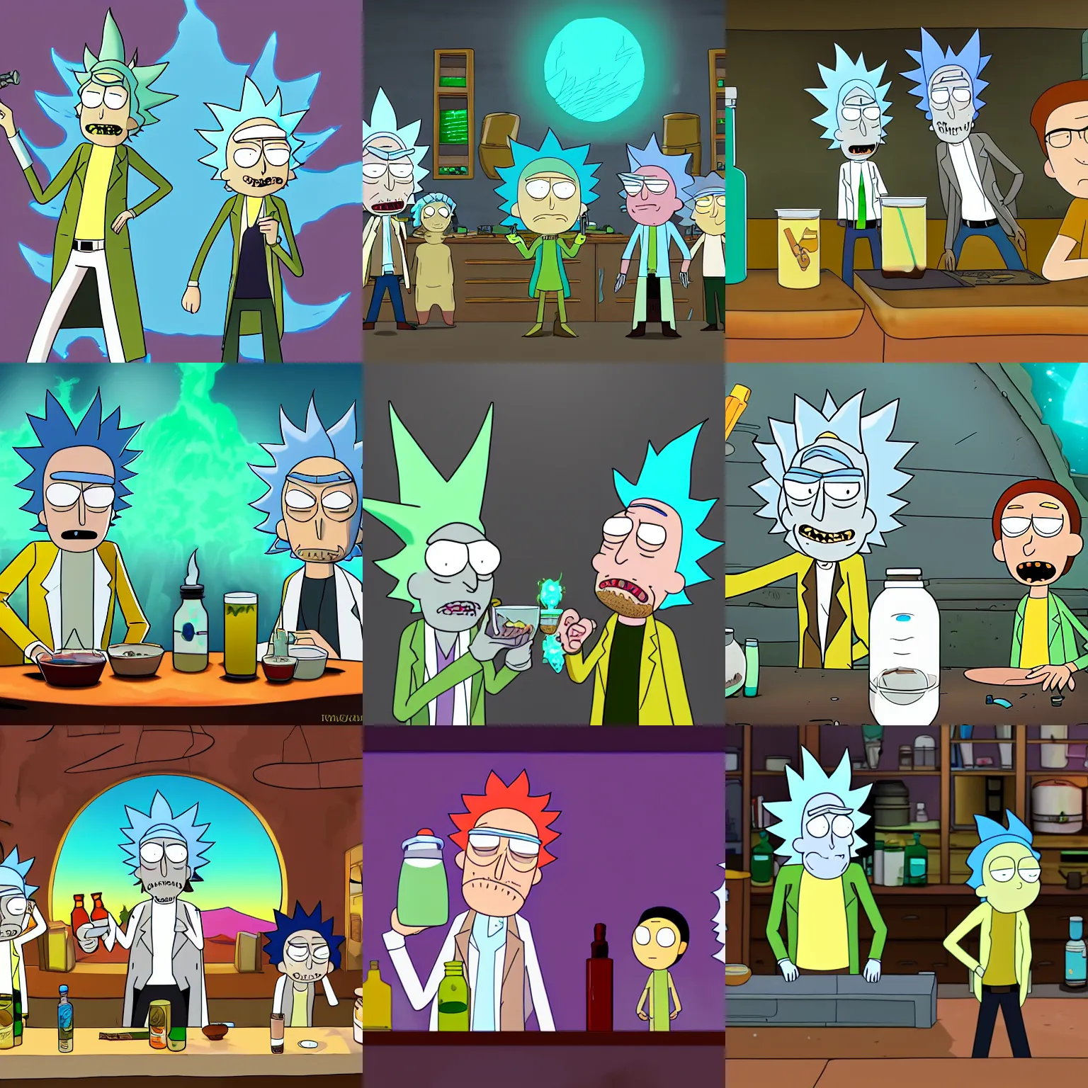 Prompt: rick sanchez and morty smith from rick and morty are brewing potions with walter white, rick and morty tv show, highly detailed, digital art, trending on artstation