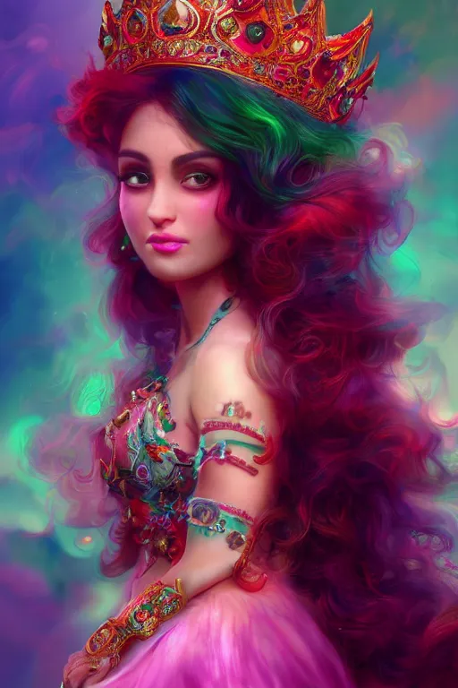 Prompt: a beautiful persian princess in colorful clouds and smoke, green eyes, red dress, long black curly hair, smiling in awe wearing a tiara, face, highly detailed, artstation, concept art, sharp focus, digital art by hana yata, octane render, unreal engine, 8 k