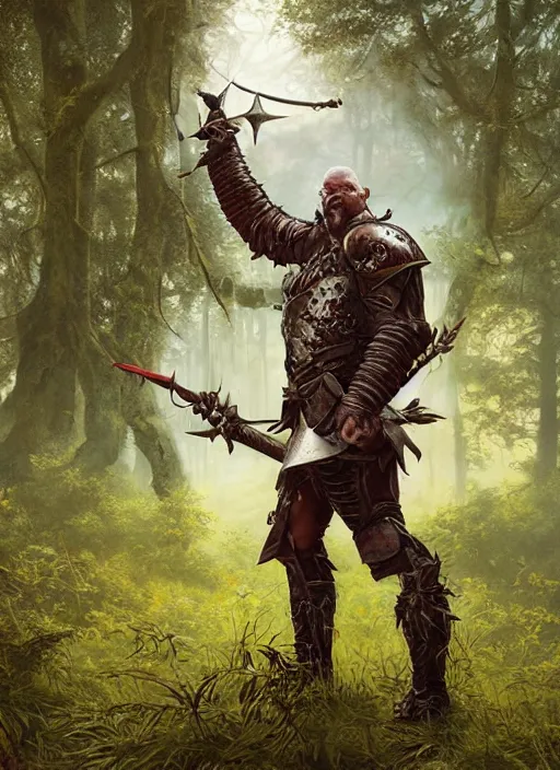 Prompt: a portrait painting of an elder male orc fighter in leather armour on a beautiful lush forest meadow, morning, art by Tristan Eaton, Stanley Artgerm, Tom Bagshaw, Greg Rutkowski, Carne Griffiths