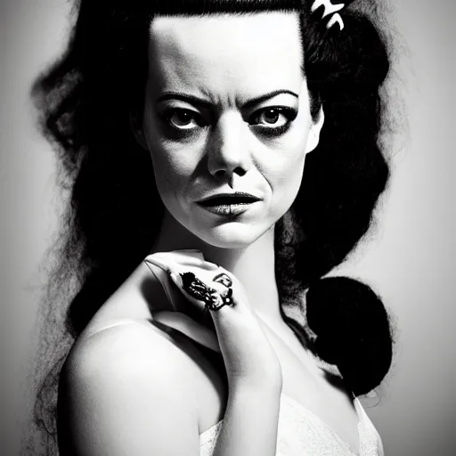 Prompt: emma stone as the bride of frankenstein, bride of frankenstein hair, universal, movie, photography, portrait, beautiful,