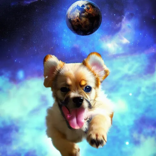 Prompt: photorealistic photograph of a puppy in a spacesuit floating through the cosmos, realism, 4k