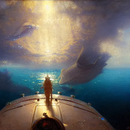 Image similar to point of view of deep in the ocean looking up, you see fishes, higher the milk way, night time, midnight. highly detailed painting by gaston bussiere, greg rutkowski 8 k