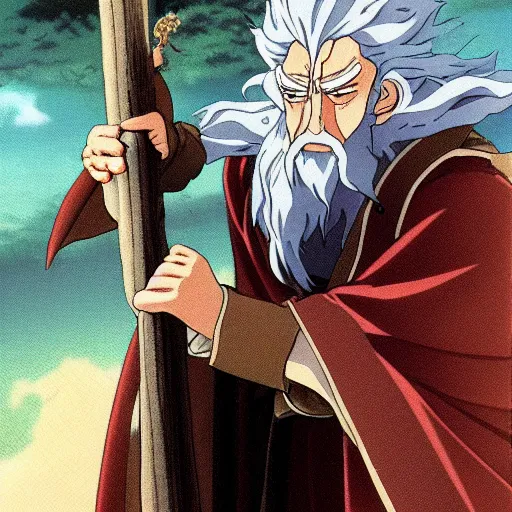 Image similar to gandalf from the anime lord of the rings (1986), studio ghibli, very detailed, hyperrealistic