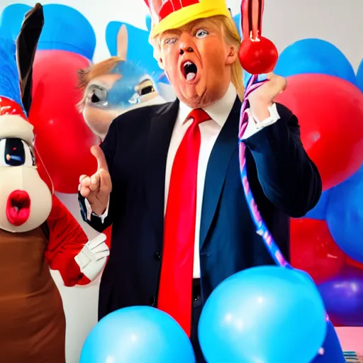 Prompt: professional photography Donald Trump cosplay as Bugs Bunny spying on children at a birthday party, high quality, good lighting,