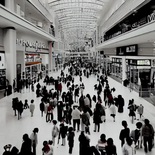 Image similar to A photograph of people in a mall, circa 1993