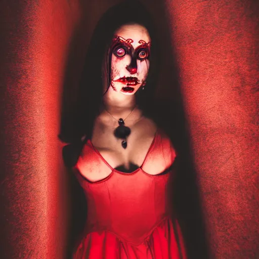 Image similar to stunning beautiful portrait photography of a face detailing demonic Countess wearing red and black dress from national geographic magazine award winning, dramatic lighting, taken with Sony alpha 9, sigma art lens, medium-shot