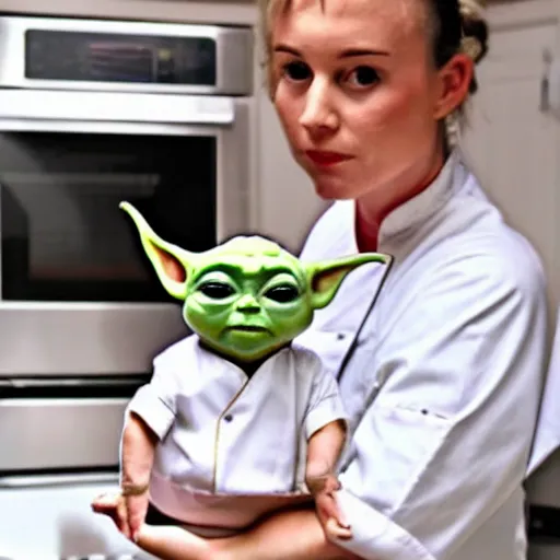 Image similar to tiny and innocent baby yoda appears as a chef wearing a white chefs hat and apron in a beautiful kitchen, preparing some food