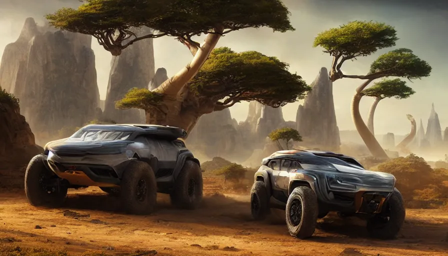 Image similar to a futuristic offroad suv designed by ford driving through madagascar with baobabs trees, artgerm and greg rutkowski and alphonse mucha, an epic fantasy, volumetric light, detailed, establishing shot, an epic fantasy, trending on art station, octane render, midsommar