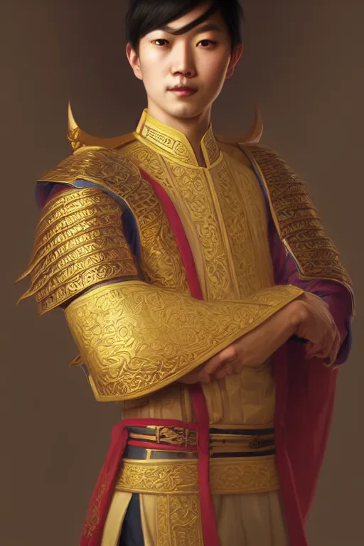 Image similar to a portrait of a asian male prince, illustration, soft lighting, soft details, dark mood, painting oil on canvas by Edmund Blair Leighton and Charlie Bowater octane render trending on artstation d&d characters, 4k, 8k, HD