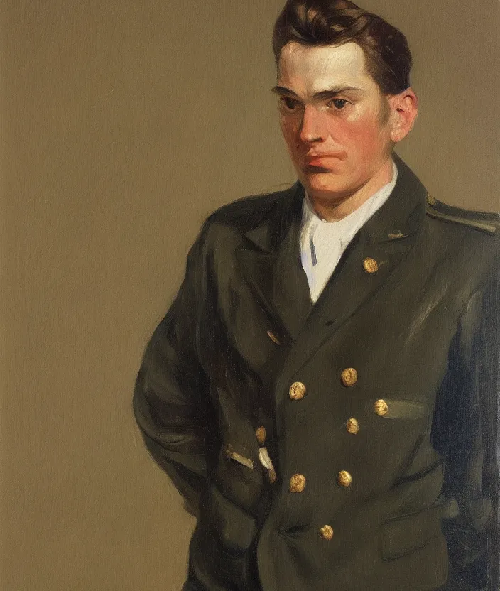 Image similar to a very detailed portrait of a man, wearing an open military jacket, frontal view, in the style of edward hopper and oswald hornby joseph birley, very small brushstrokes, 4 k,