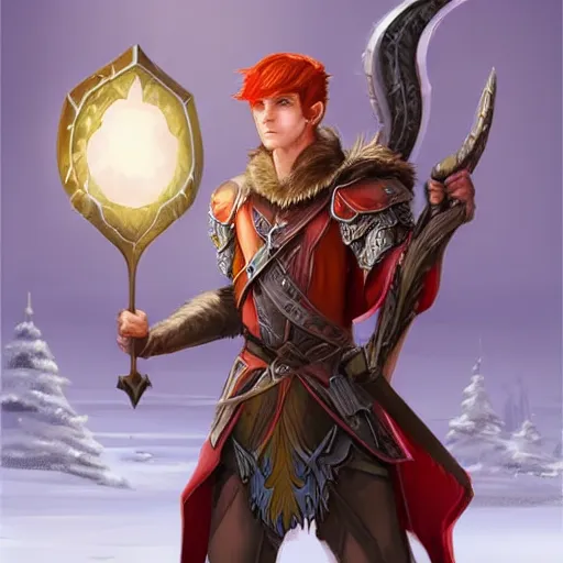 Prompt: D&D portrait male half elf artificer with red hair, wearing a white coat and half-plate armor, carrying a crossbow, artstation, digital illustration by Chris Rallis