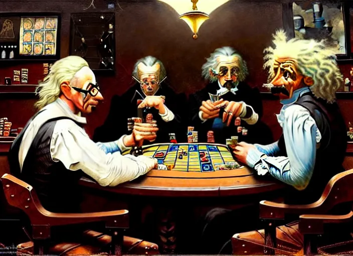 Image similar to in an old west saloon isaac newton and stephen hawkins and albert einstein playing poker, intricate, highly detailed, centered, digital painting, artstation, concept art, smooth, illustration, muted colors, art by norman rockwell and greg rutkowski and james gurney chuck close