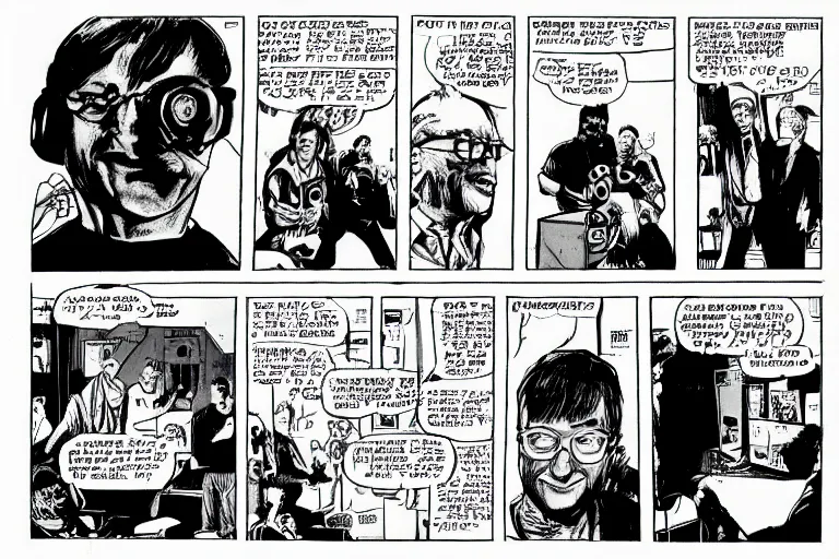 Prompt: bill gates, presenting the microsoft xbox at ces 2 0 0 1, a page from cyberpunk 2 0 2 0, style of paolo parente, style of mike jackson, adam smasher, johnny silverhand, 1 9 9 0 s comic book style, white background, ink drawing, black and white