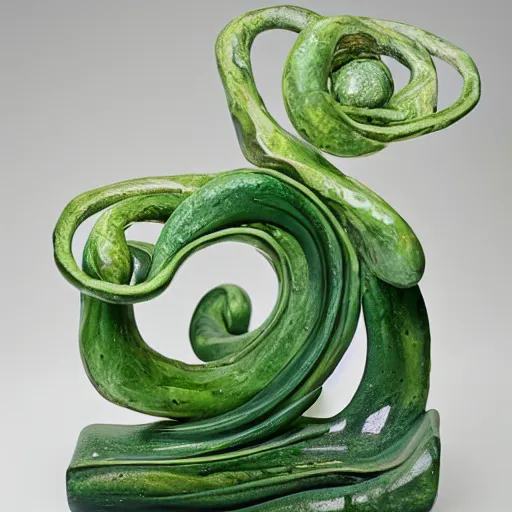 Prompt: a ceramic sculpture of some kind of plant in a glazed serpent frame with a white wall behind it and swirling green plants in the center by cleo sjolander