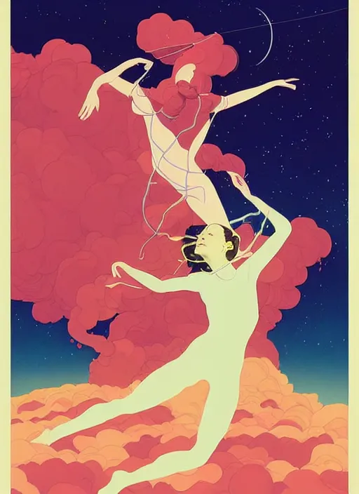 Image similar to poster artwork by michael whelan and tomer hanuka, a portrait of beautiful sensual dancing in the clouds of jupiter, clean