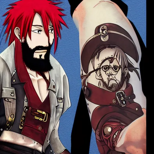 Image similar to male sky-pirate with long red hair and beard in front of a steampunk airship, full metal alchemist, anime style