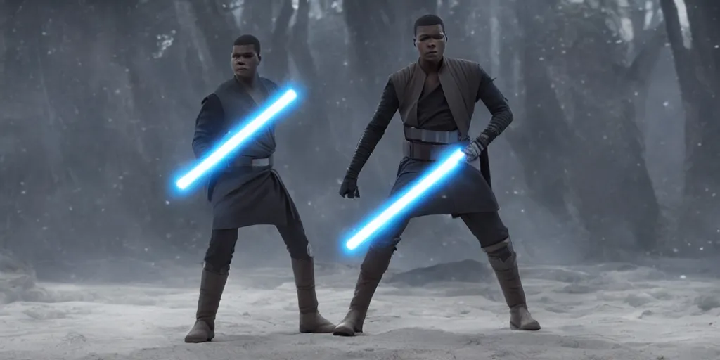 Image similar to Star Wars, Finn played by John Boyega wears jedi robes and wields lightsaber standing alone, full body shot, ultra realistic, 4K, movie still, UHD, sharp, detailed, cinematic, render