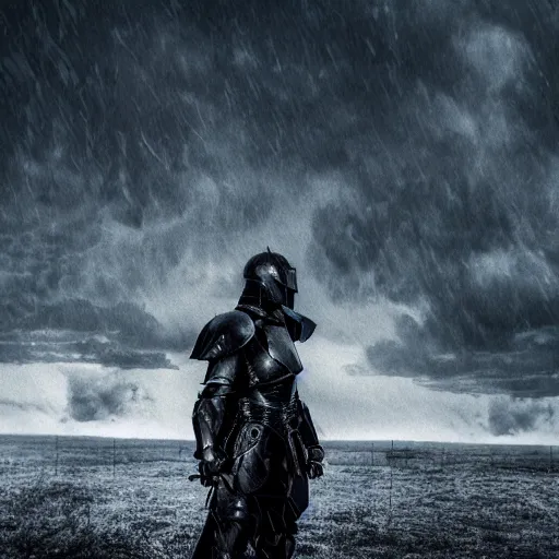 Image similar to dark armor knight in a thunderstorm, epic scene, cinematic, ultra photorealistic, 8k,