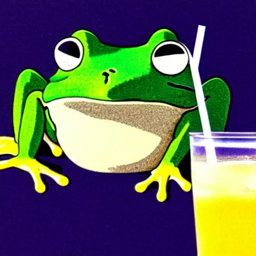 Image similar to studio ghibli frog sipping a hi - c juice box through a straw and wearing ray - ban wayfarers, ultra detail