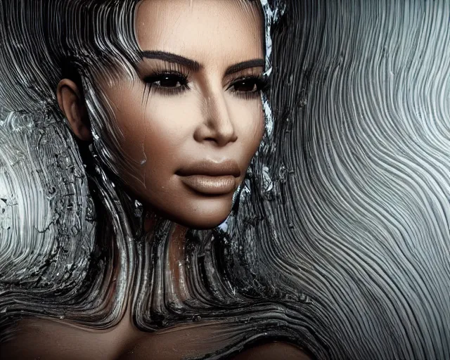 Image similar to epic full body shot still of kim kardashian unconscious wearing a black lace dress trapped in a transparent alien liquid, wet flowing hair, gooey skin, illustration, unreal engine 5, 8 k, made by h. r. giger.