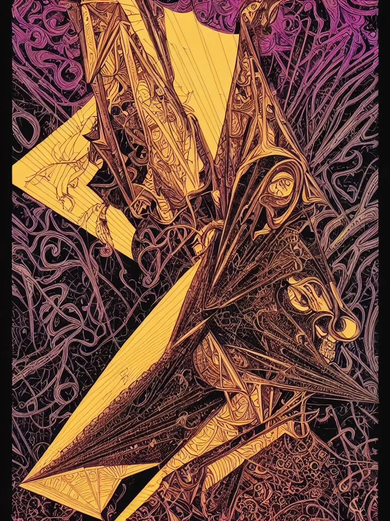 Prompt: portrait of black and psychedelic straight lines poster art by dan mumford, moebius, goblinko, richard corben, wayne barlowe, heavy metal comic cover art, psychedelic triangular skeleton, very intricate, thick outline, full body, symmetrical face, long black crown, in a shapes background, galactic dark colors