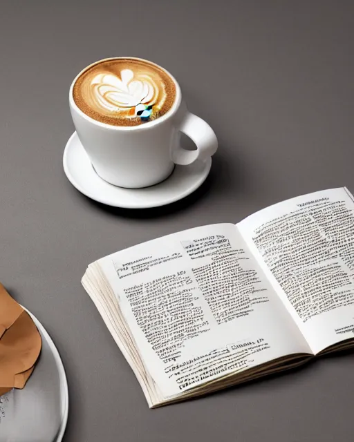 Image similar to a full view of a table with a magazine opened to a page with 'a picture of a coffee cup' clay sculpture, magazine, zoomed out, zoomed out, zoomed out