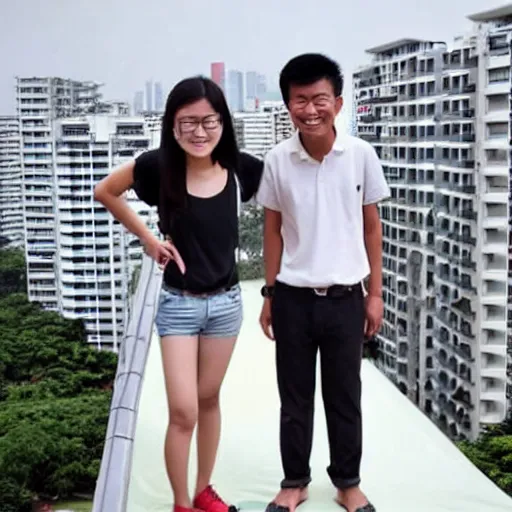 Prompt: award - winning photo of two singapore students on the roof of a hdb flat