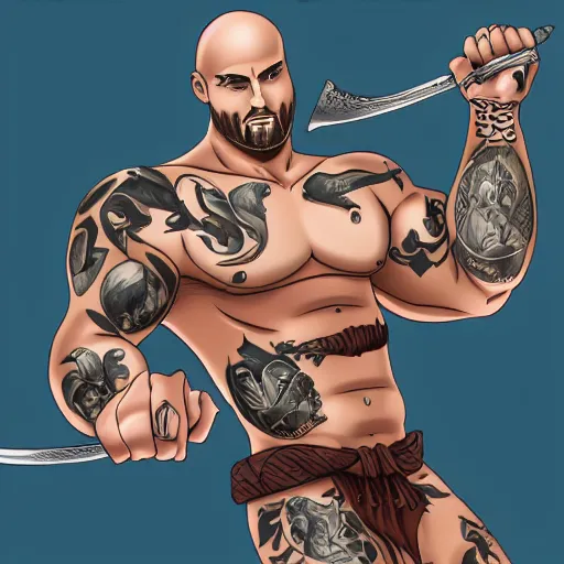 Image similar to muscular bald man, tattooed body, sword in hands, HD, anime style,