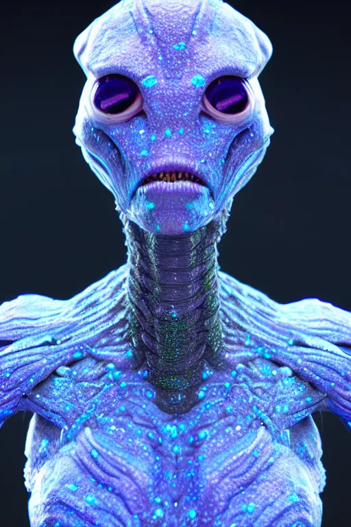 Image similar to skin concept alien, in full growth, mineral crystals instead of skin, magical crystals, smoky crystals, translucent crystals, luminous sparkling crystals, many details, 3 d, cinematic, hyper realism, high detail, octane render